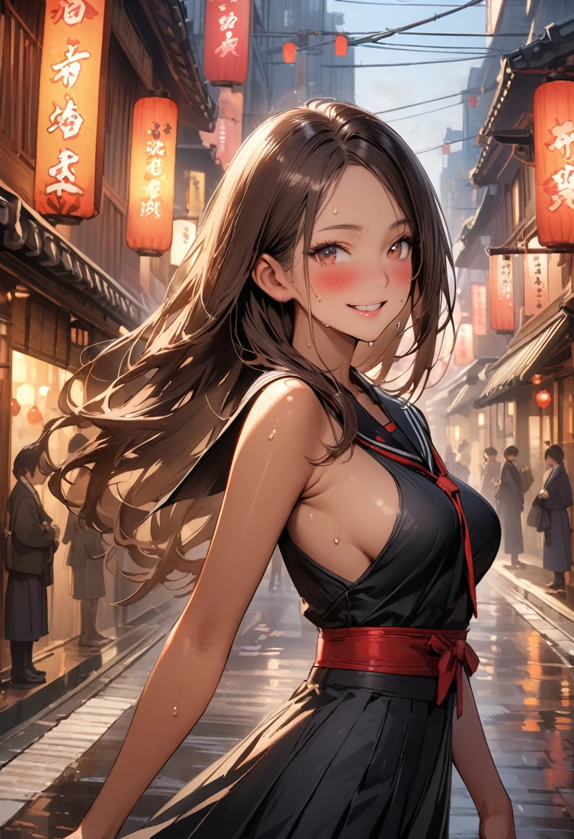 ((masterpiece,Highest quality:1.3,best quality illustration,realistic)),cowboy shot,独奏,1woman,(Mature Japan beauties)、brown hair,long hair,center parted bangs,brown eyes,gorgeous eyes,((very small head:1.3)),blush,smile,((very long body:1.2,skinny)),medium breasts,(tan skin:1.4), (gleaming skin,toned body,slender body),sweat,、Black sailor suit、Black pleated mini skirt、on street,Tokyo、