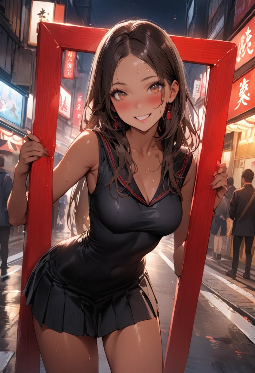 ((masterpiece,Highest quality:1.3,best quality illustration,realistic)),cowboy shot,独奏,1woman,(Mature Japan beauties)、brown hair,long hair,center parted bangs,brown eyes,gorgeous eyes,((very small head:1.3)),blush,smile,((very long body:1.2,skinny)),medium breasts,(tan skin:1.4), (gleaming skin,toned body,slender body),sweat,、Black sailor suit、Black pleated mini skirt、on street,Tokyo、