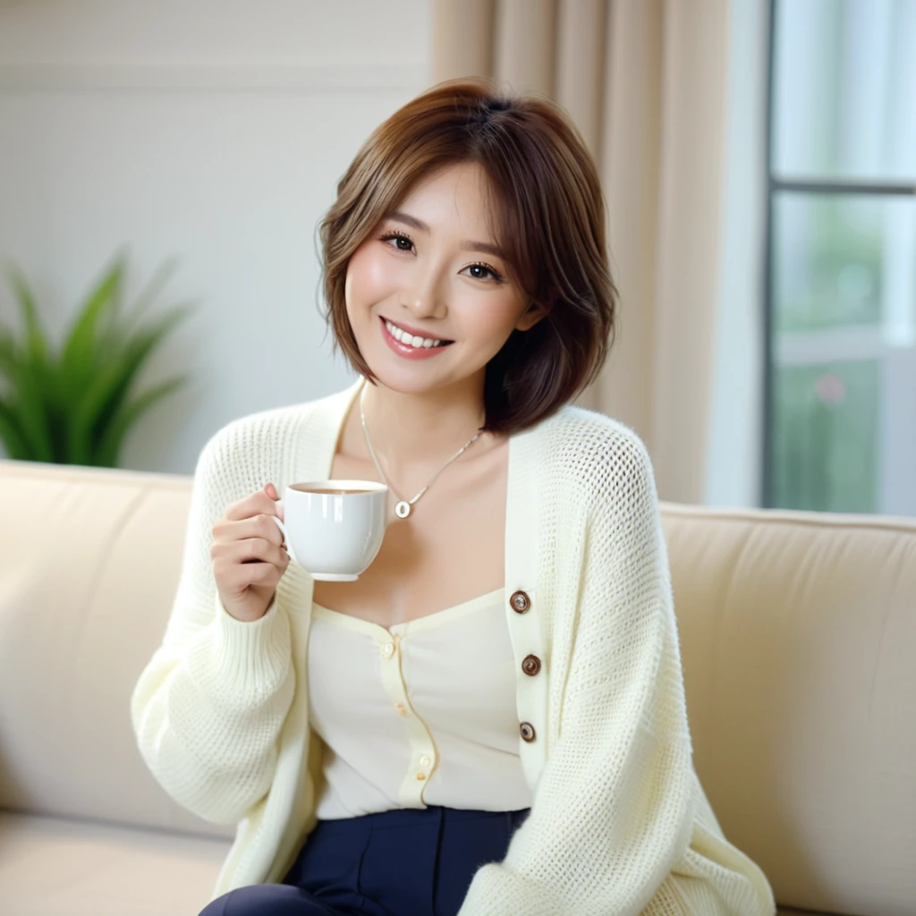 Close up of beautiful Korean woman, 32 inch chest size, Wearing a cardigan with a blouse, casual pants, short medium hair, Smile. necklace, sit on the sofa and drink coffee, porcelain coffee cup, bokeh background, uhd