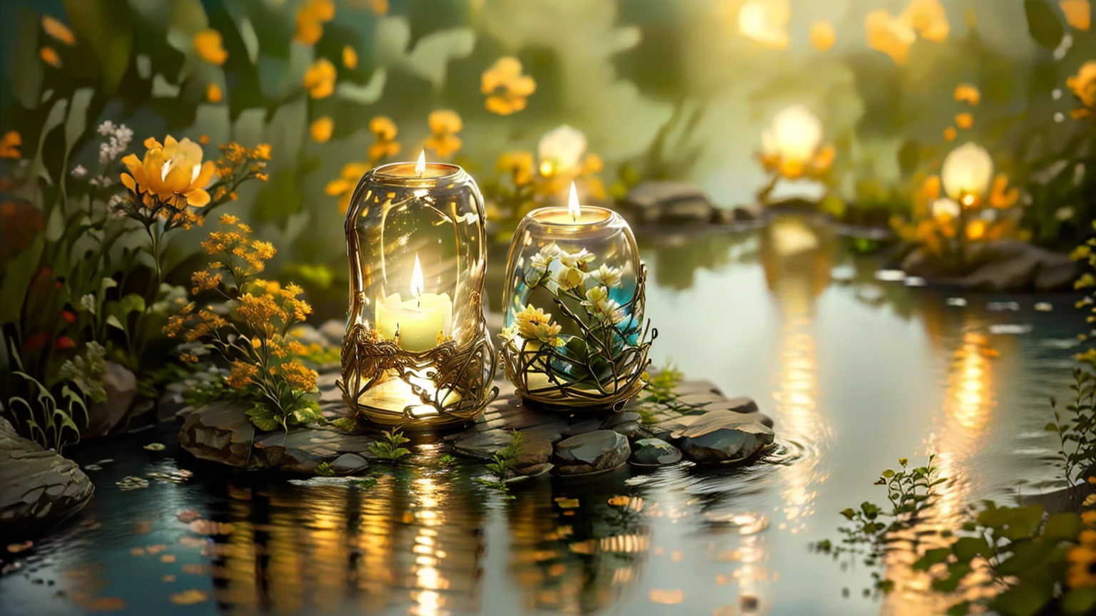 A candle and a stone are placed in a pond filled with water., Peaceful atmosphere, relax atmosphere, relax, Warm and fun atmosphere, relax environment, Beautiful atmosphere, Beautiful atmosphere, Serene landscape, very relax, Floating Candles, Peaceful environment, relax mood, Quiet environment, Shutterstock, Peaceful atmosphere, Soft glow, Magical Scene, Warm and beautiful scenery, spa, Calm evening atmosphere