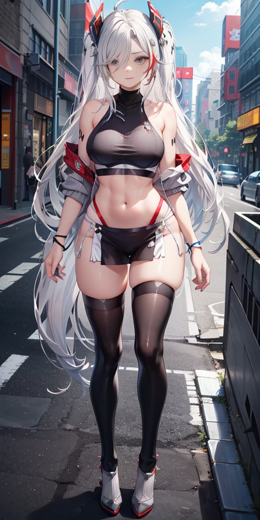 Shenhe V4, (Shen He wears a sweater),, stocking, (Solitary:1.1), (Mature woman:1.2), Pretty Face, (Delicate eyes), Symmetrical eyes, (Thin lips), (Long hair, Gray hair, Weaving, Hair covering one eye, Hair accessories), (Beautiful round breasts), Full body, Abdominal muscles, Bare belly, Slim waist, (masterpiece, Best quality), Soft ambient lighting, permanent, Front view, city street background, architecture, New York, Bright colors, sunny, Blue sky, Looking at the audience, Slim waist, HD, 8K, Bright colors, complex, (Abdominal musclesurdres:1.2), Vague_background, Bokeh, (Clear focus) ((Delicate face)), Facial details, (pov thigh)