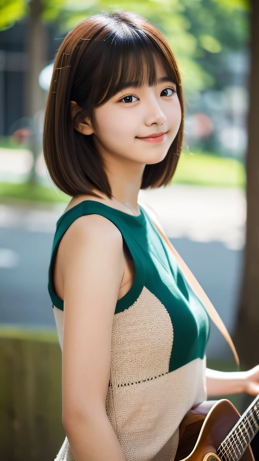 masterpiece　High resolution　Female student　very cute　natural atmosphere　boyish　16 years old　Bobcut　Dimples　Mole　Raccoon face　Tank top　Playing Acoustic Guitar　Are standing　
