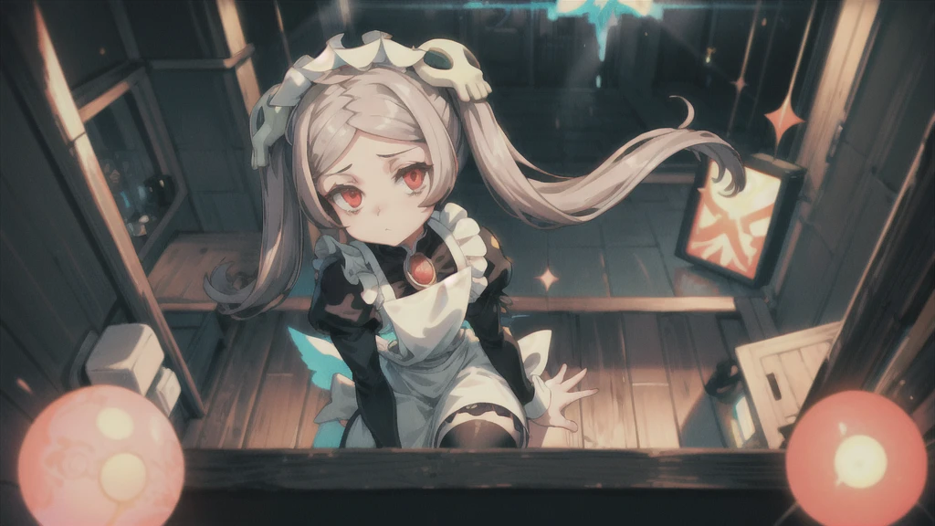 1girl, solo, indoors, looking at viewer, skg_marie, maid, maid apron, maid headdress, twin tails, skull hair ornament, red brooch, juliet sleeves, black shoes, white thigh high stockings, light rays, glow, (masterpiece), highlight thighs, thick thighs, highlight buttocks, background, pov, angle from above, hands inside the thighs
