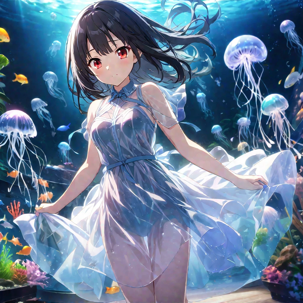 1girl、Black Hair、Red eyes、Skeleton Body、Translucent Dress、Blue jellyfish、aquarium、deep faint light 、 detailed CG、high resolution