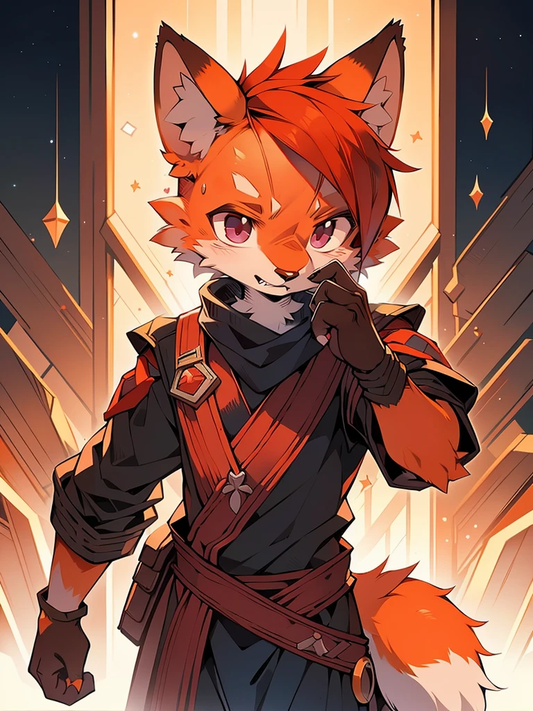 He searched, Star Fox, male, (detailed), Fluffy, Solitary, , Realistic, ((Clear structural details)), Meticulous and pragmatic, Delicate eyes, (Reddish-orange-red pupils), ((Blood red eyes)), excellent quality, High Detail, Fine fur, ((Tail in the right place) ，war，stand up