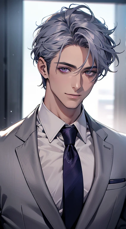 (Highest quality,4K,8K,High resolution,masterpiece:1.2),Super detailed,(Realistic,photoRealistic,photo-Realistic:1.37),1 person,31 years old,Mature Men,Beautiful skin、very handsome,Expressionless,smile,Short gray blue hair,purple eyes,Sharp Eyes,A perfect face without a doubt,Businessman,Office Background,Cinema Lighting,HDR image,tie、