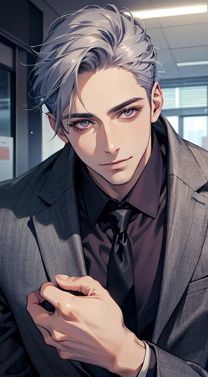 (Highest quality,4K,8K,High resolution,masterpiece:1.2),Super detailed,(Realistic,photoRealistic,photo-Realistic:1.37),1 person,31 years old,Mature Men,Beautiful skin、very handsome,Expressionless,smile,Short gray blue hair,purple eyes,Sharp Eyes,A perfect face without a doubt,Businessman,Office Background,Cinema Lighting,HDR image,tie、