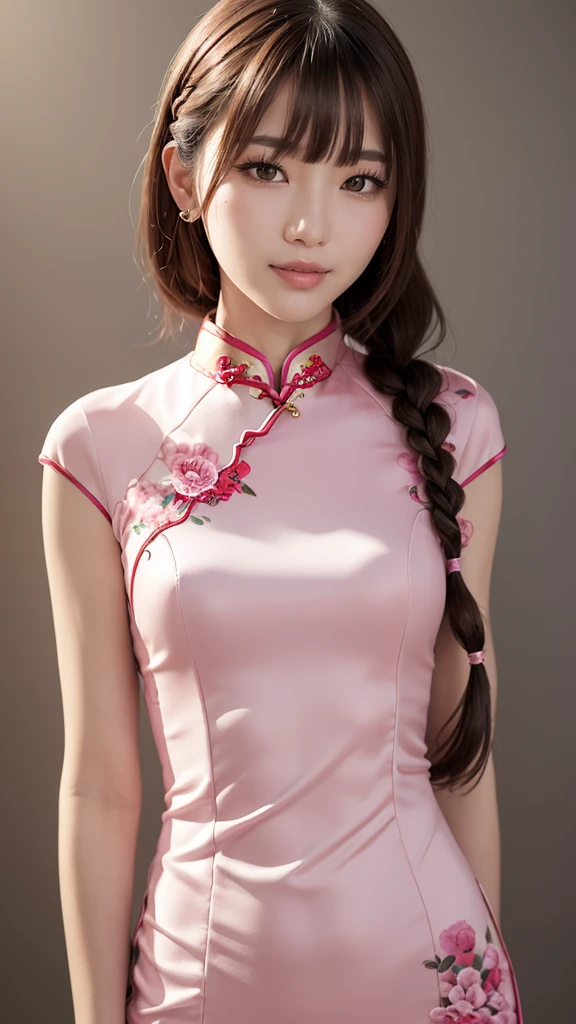 Realistic, masterpiece, Highest quality, Highest Resolution, Anatomically correct, Accurate ???????, One Japanese woman, Smile, Fine and beautiful eyes, iris, Sparkling eyes, Thin eyebrows, Gives lashes a delicate finish, False eyelashes, Chinese traditional makeup, (Braided hair, Blunt bangs, Brown Hair:1.2), Detailed face, Sharp Eyes, Chin up, Open your mouth, Cheeks pink, (Classic pink cheongsam, No sleeve, Lavish decoration:1.3), Upper body photo, Leaning forward, Blank background in warm colors