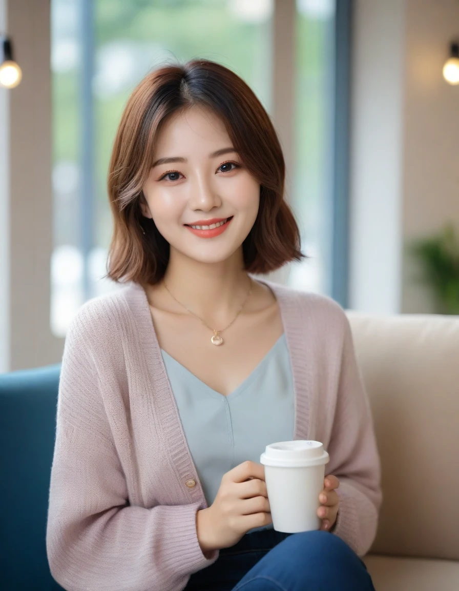 Close up of beautiful Korean woman, 32 inch chest size, Wearing a cardigan with a blouse, casual pants, short medium hair, Smile. necklace, sit on the sofa and drink coffee, porcelain coffee cup, bokeh background, uhd