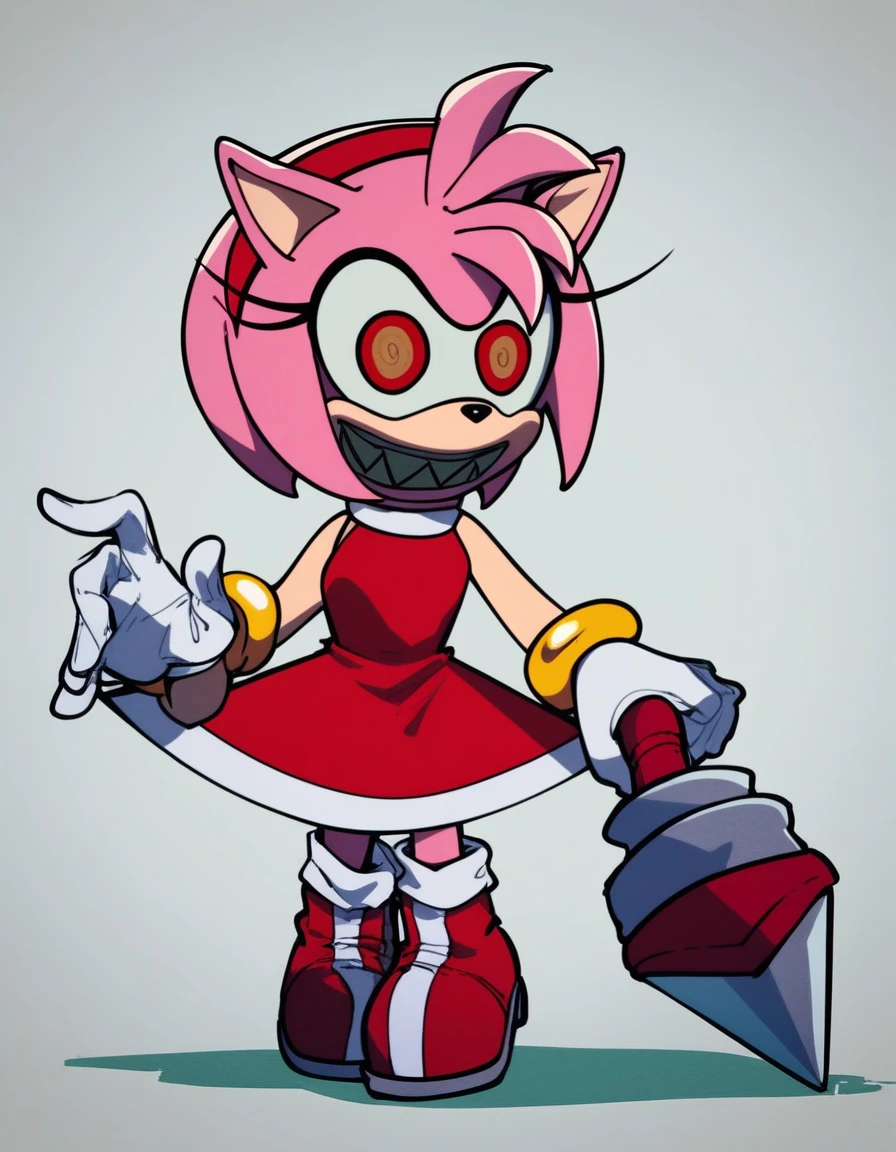 posessed_amy, 1girl, solo, smile, open mouth, simple background, gloves, dress, holding, animal ears, bare shoulders, standing, full body, weapon, pink hair, sidelocks, hairband, boots, shoes, teeth, sleeveless, white gloves, flat chest, bracelet, sleeveless dress, short dress, red dress, sharp teeth, red footwear, furry, furry female, red hairband, body fur, animal nose, pink fur, amy_rose, sharp teeth
