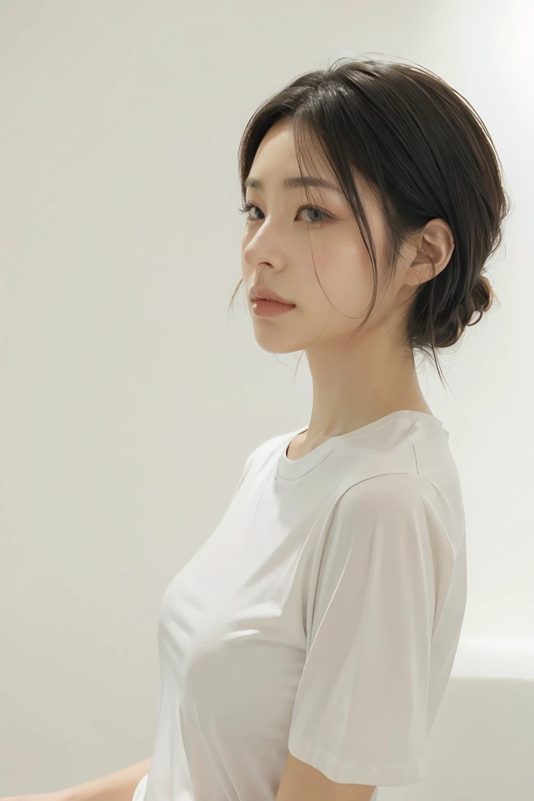 Realistic photos of (1 cute star) shoulder length hair, ponytail, light makeup, bangs, (small), clear facial features, 8K high resolution, sharp and realistic details, full body, own room, changing (), changing clothes, f/4.0, 135mm, fujifilm, jpeg artifacts, dithering, UHD, masterpiece, blur, schoolgirl, , white