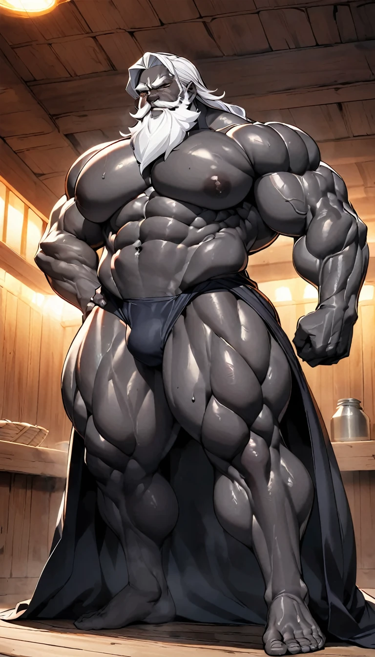 An old man who grew muscles in a sauna。Full white beard。Huge breasts,The abs are huge,Huge legs。Ancient black skin。Very wide body。Strong and muscular