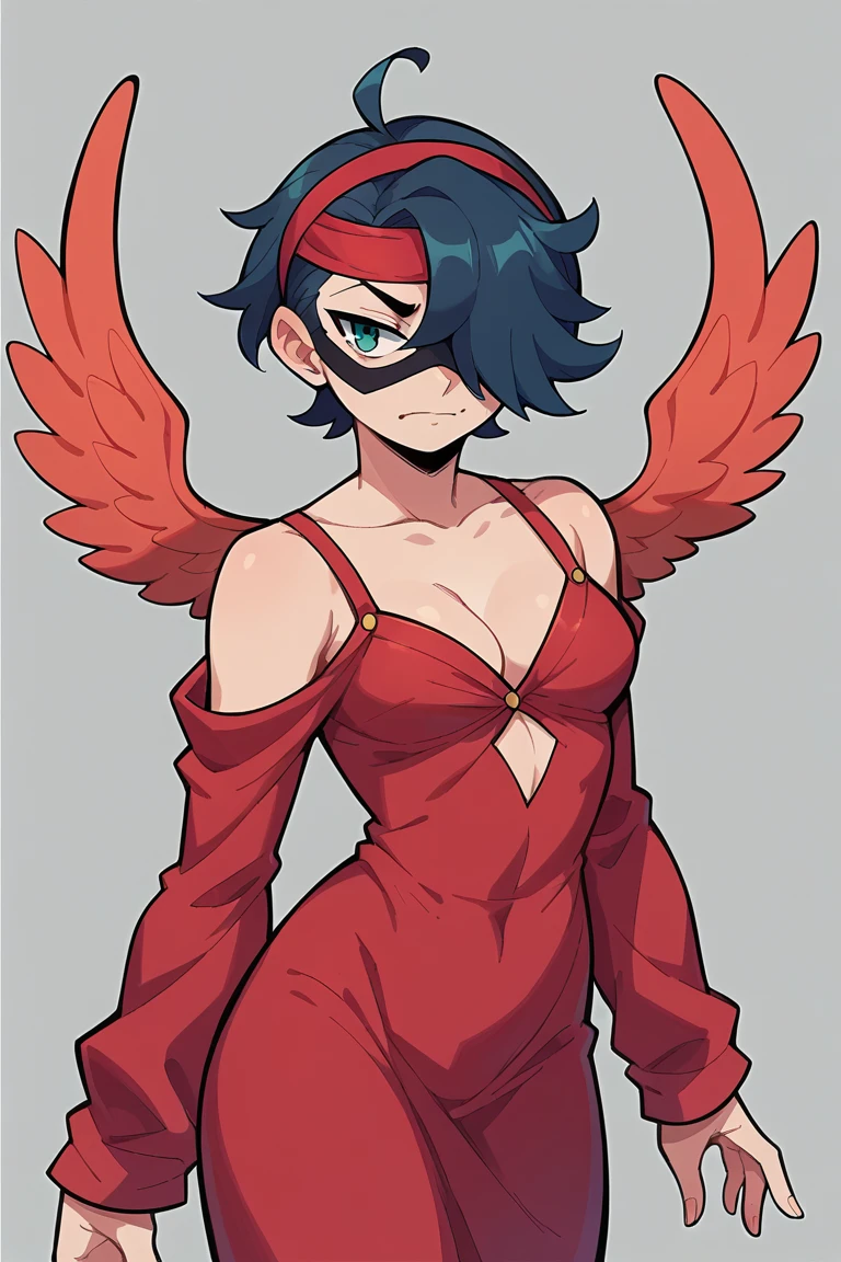 check_9, check_8_up, check_7_up, BREAK,  1 girl, One, breast, Tatsuma Ryuko, headband, Half-mask, wings head, Red dress, cut off sleeves, Tatsuma Ryuko, hair over one eye