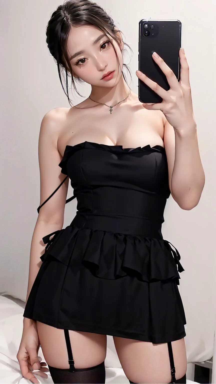 there is a woman in a black dress taking a selfie, tube-top dress, strapless dress, sexy dress, black dress, corset, she is wearing a black dress, dark black dress, dark dress, wearing black dress, with black, cute black dress, opened dress, black top, elegant corset, frill, tumblr, wearing a black dress, wearing dress, karina of aespa