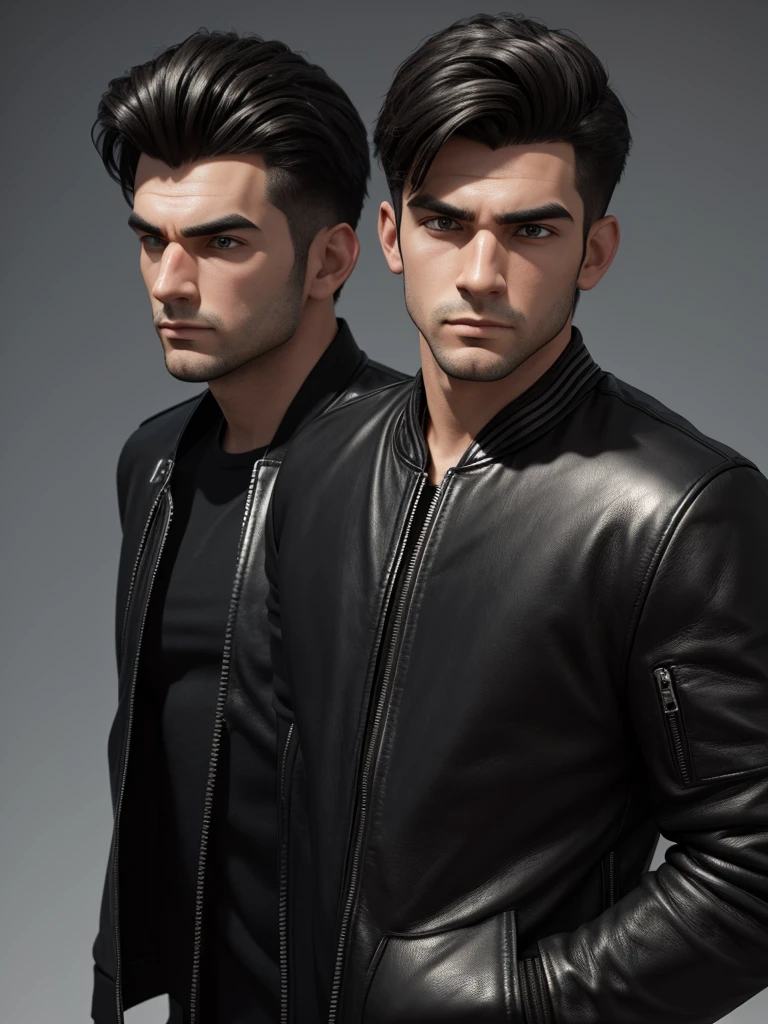 create a caricature image of a 25 year old man wearing a black leather bomber jacket, looking down weakly after work, sufficient lighting, 3d 8d caricature image quality