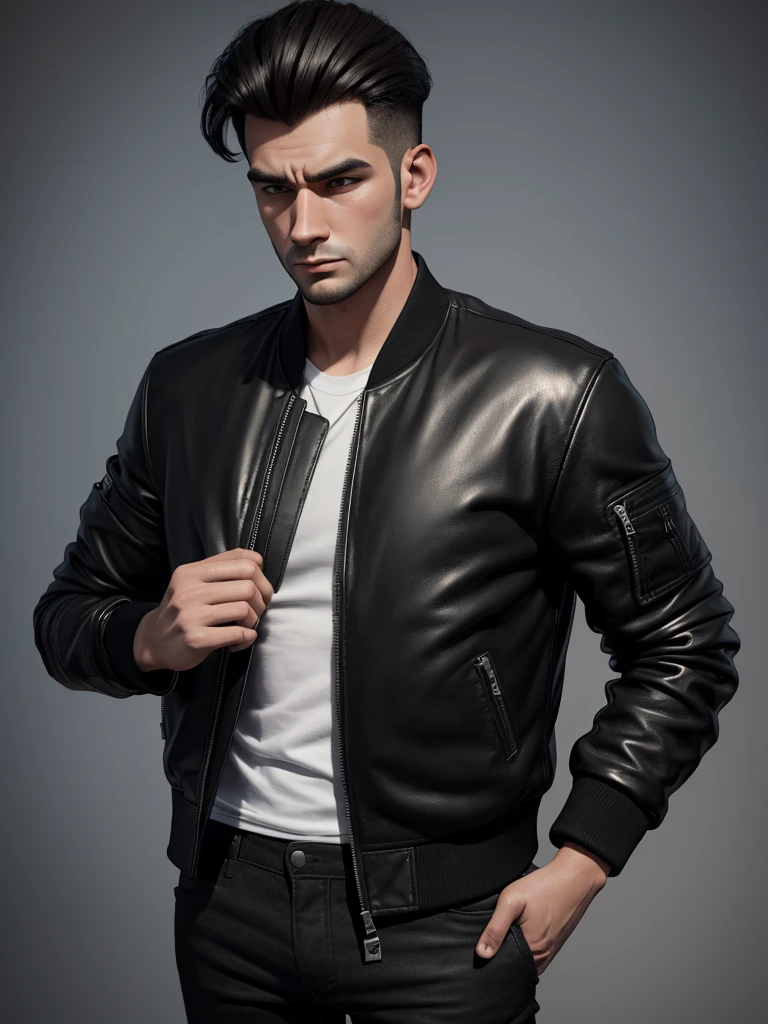 create a caricature image of a 25 year old man wearing a black leather bomber jacket, looking down weakly after work, sufficient lighting, 3d 8d caricature image quality