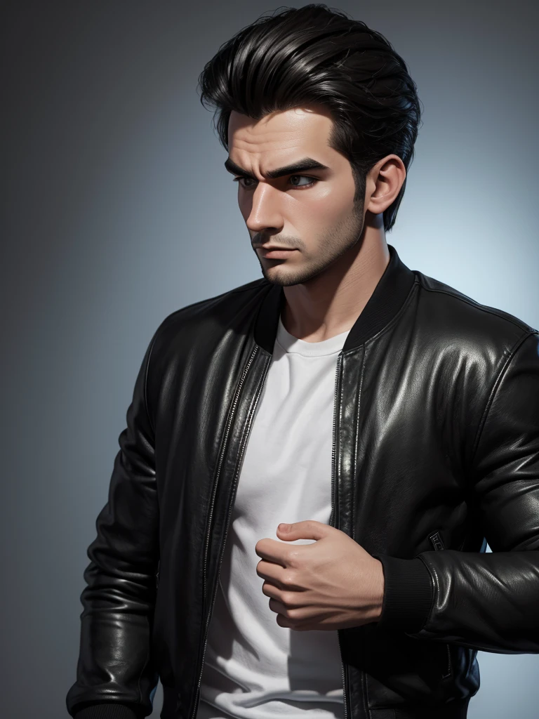 create a caricature image of a 25 year old man wearing a black leather bomber jacket, looking down weakly after work, sufficient lighting, 3d 8d caricature image quality