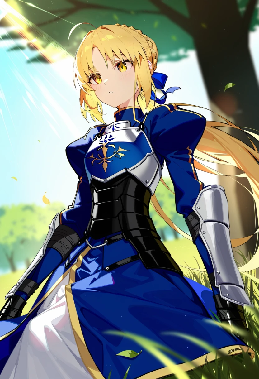 (by ciloranko:1.1, (by omone_hokoma_agm:1.1), absurdres, best quality, official art, masterpiece, very aesthetic, aesthetic, attention to detail, ultra detailed, very detailed, intricate details, 1girl, new, glossy hair, moist skin, 18 years old, adult woman, medium breasts, blurry background, depth perception, solar flare, forehead, wind, breeze, wind in hair, flowing hair, solo, shade, leaves, grass, below, sitting, against tree, tree, sky, blue sky, sunlight, sraight on, light particles, fate \(series\), fate/stay night, artoria pendragon (fate), saber \(fate\), ahoge, armor, armored dress, hooded eyes, close-up, subject focus:1.1,