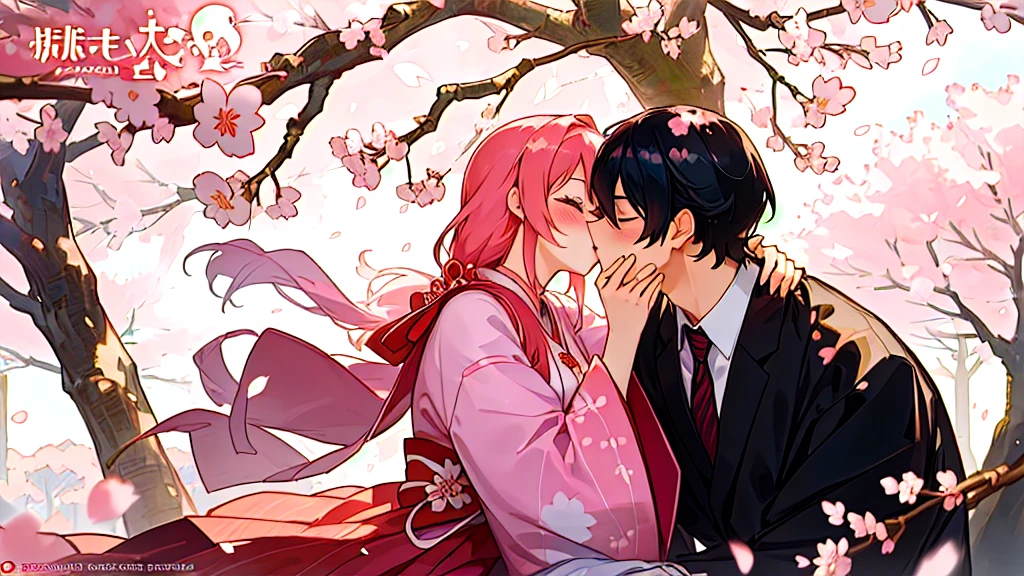 Cartoon couple in traditional costumes hugging under cherry blossom tree, Sasura, Cherry Blossom Season, Sakura Haruno, Nixon and Sakimchan, Kiss cutely, Goto Koharu, Anime Cover, Ghost Festival, Pixif, Cute couple, Official Fanart, Japan, Happy!!!, trending on Pixif