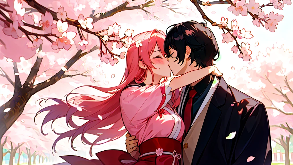 Cartoon couple in traditional costumes hugging under cherry blossom tree, Sasura, Cherry Blossom Season, Sakura Haruno, Nixon and Sakimchan, Kiss cutely, Goto Koharu, Anime Cover, Ghost Festival, Pixif, Cute couple, Official Fanart, Japan, Happy!!!, trending on Pixif