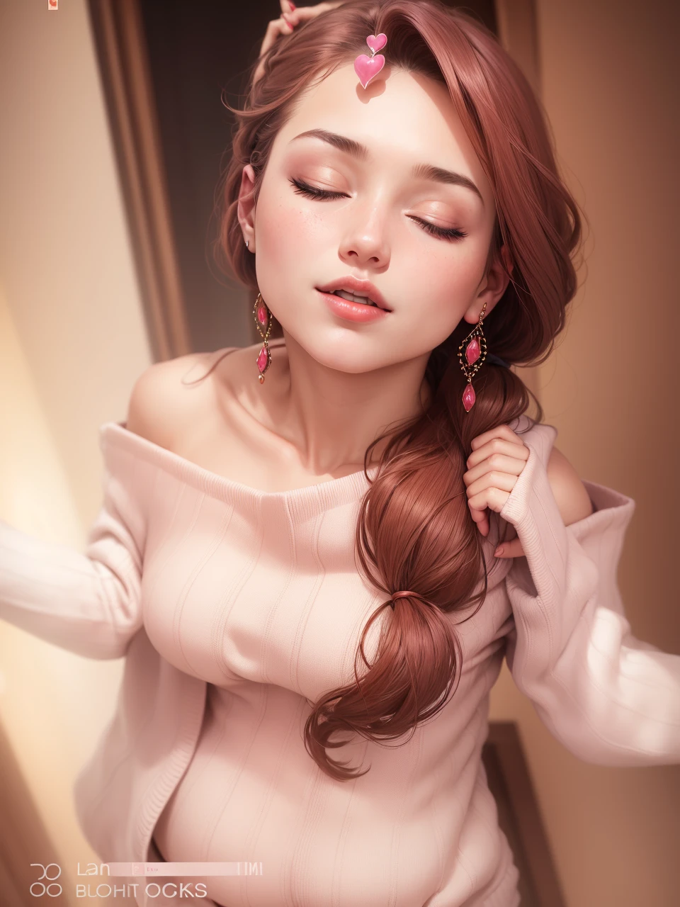 Sexy woman, eyes closed, mouth open, very deep blush, tip of the nose is red, long neck, off shoulder pink sweater, medium chest, visible cleavage, bedroom, warm lighting ,in bed