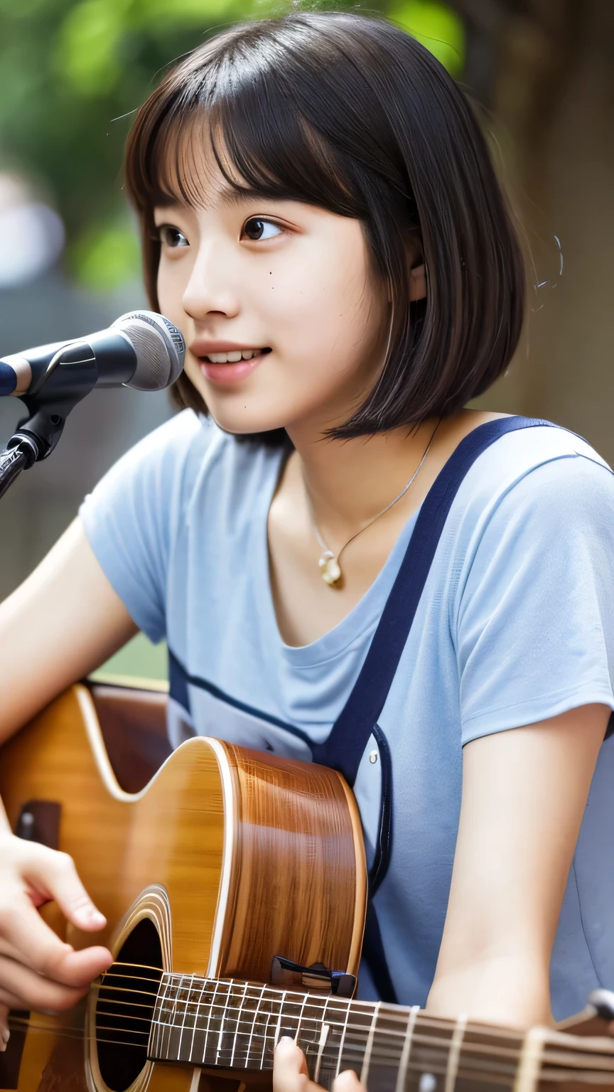 masterpiece　High resolution　Female student　very cute　natural atmosphere　boyish　　Bobcut　Dimples　Mole　Raccoon face　Tank top　Playing Acoustic Guitar　Are standing　