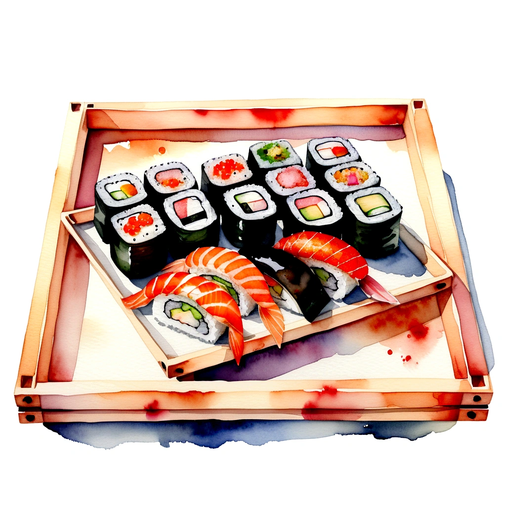 there is delicious sushi, served in a wooden tray, (watercolor), illustration, isolated with solid white background, surrounded with negative space, centered compositon, 8k, highly detailed painting, very precise painting, Isolated, clear brilliant white background, perspective angle of view