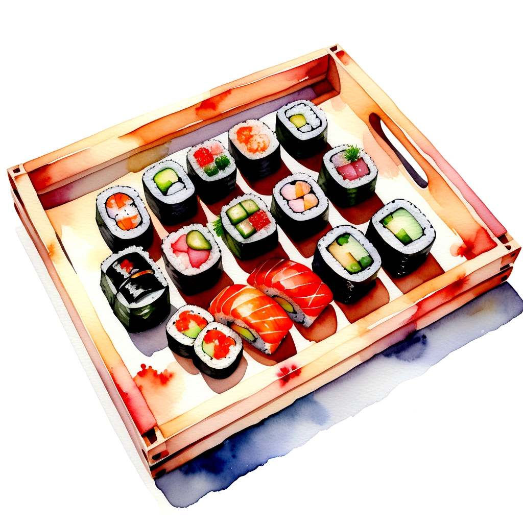 there is delicious sushi, served in a wooden tray, (watercolor), illustration, isolated with solid white background, surrounded with negative space, centered compositon, 8k, highly detailed painting, very precise painting, Isolated, clear brilliant white background, perspective angle of view