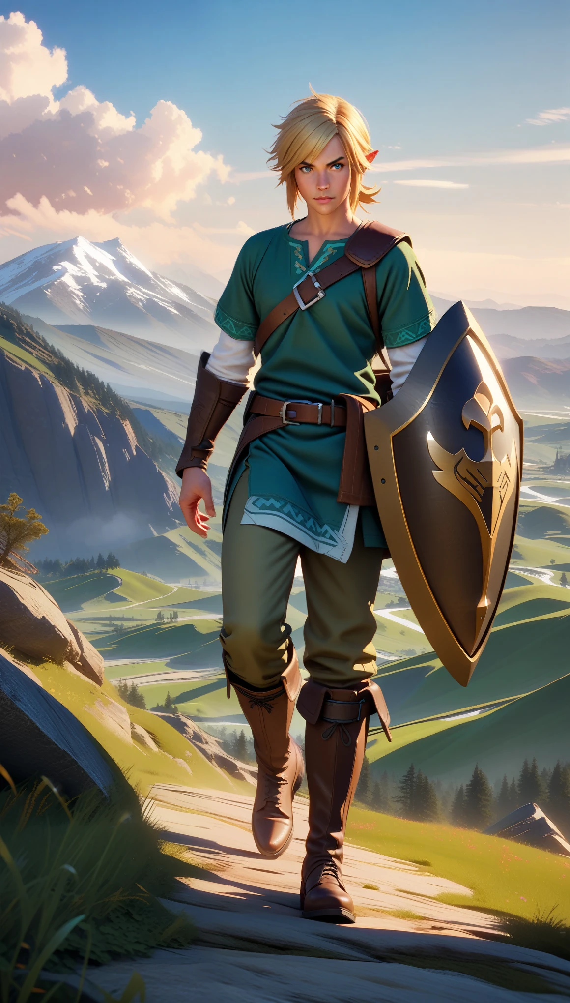 a highly detailed portrait of Link, the protagonist from The Legend of Zelda video game series, 1 boy, detailed facial features, piercing blue eyes, chiseled jawline, blonde hair, adventurous expression, wearing a green tunic, leather boots, sword and shield, in an epic fantasy landscape, rolling hills, lush forests, majestic mountains, dramatic lighting, cinematic composition, award-winning digital art, artstation, concept art, octane render, unreal engine, 8k, 