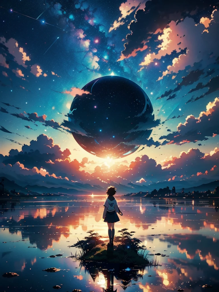 High Quality Masterpieces, landscape, cloud, Anime train passing through a body of water on distant tracks, bright starry sky. traveller, romantic lights, pixiv, conceptual art, Lofi Art Style, reflection. makoto shinkai, Arte Roffey, beautiful anime scene, Anime landscape, Detailed landscape - width 672, style of makoto shinkai, style of makoto shinkai, Enhanced details.