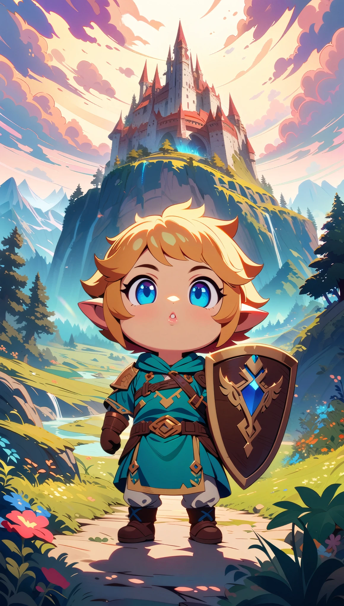 a chibi Link character from The Legend of Zelda, adventuring in a fantasy landscape, cute, whimsical, 1boy, beautiful detailed eyes, beautiful detailed lips, extremely detailed face, longeyelashes, tunic, sword and shield, forest, mountains, clouds, sunlight, vibrant colors, fantasy art, anime style, 4k, high quality, masterpiece