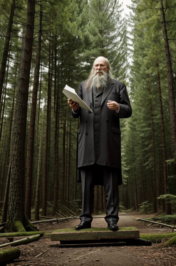 Mendeleev holds the periodic table in a forest