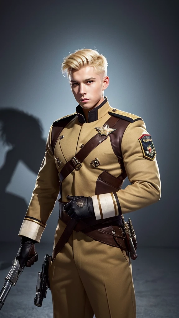 (masterpiece, Highest quality, Very detailed, Best Shadow), (Detailed Background,) SF Liberator Captain Blonde Young Strong Confident Healthy Strong Military Uniform Male