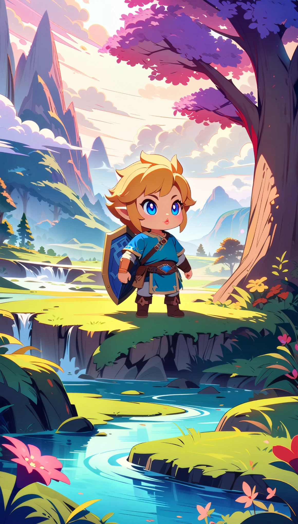 a chibi Link character from The Legend of Zelda, adventuring in a fantasy landscape, cute, whimsical, 1boy, beautiful detailed eyes, beautiful detailed lips, extremely detailed face, longeyelashes, tunic, sword and shield, forest, mountains, clouds, sunlight, vibrant colors, fantasy art, anime style, 4k, high quality, masterpiece