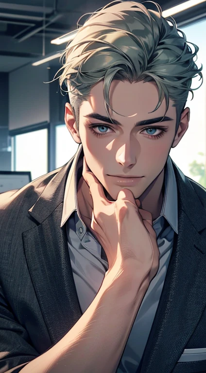 (Highest quality,4K,8K,High resolution,masterpiece:1.2),Super detailed,(Realistic,photoRealistic,photo-Realistic:1.37),1 person,31 years old,Mature Men,Beautiful skin、very handsome,Expressionless,smile,Short gray green hair,blue eyes,Sharp Eyes,A perfect face without a doubt,Businessman,Office Background,Cinema Lighting,HDR image,tie、