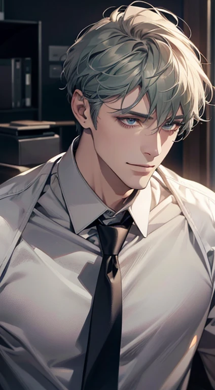 (Highest quality,4K,8K,High resolution,masterpiece:1.2),Super detailed,(Realistic,photoRealistic,photo-Realistic:1.37),1 person,31 years old,Mature Men,Beautiful skin、very handsome,Expressionless,smile,Short gray green hair,blue eyes,Sharp Eyes,A perfect face without a doubt,Businessman,Office Background,Cinema Lighting,HDR image,tie、