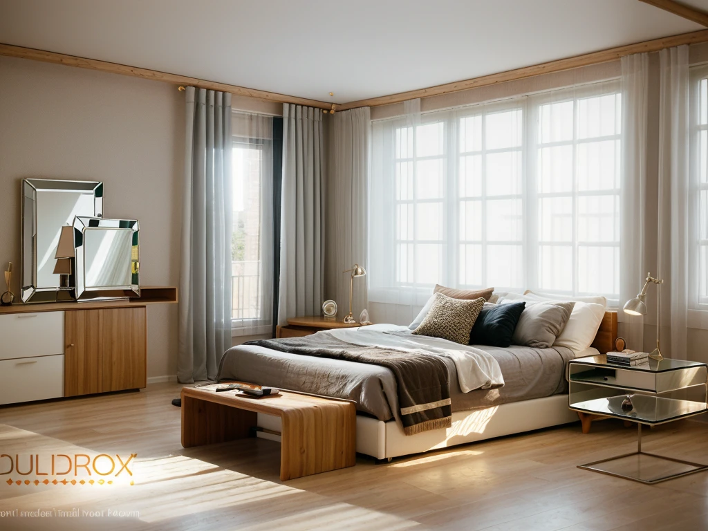 modern bedroom, cenery, indoors, window, lamp, bed, table, curtains, pillow, couch, chair, cup, bedroom, television, blanket, box, mirror, cabinet,  no humans, wooden floor, cinematic lighting, 3dsmax, vray,
