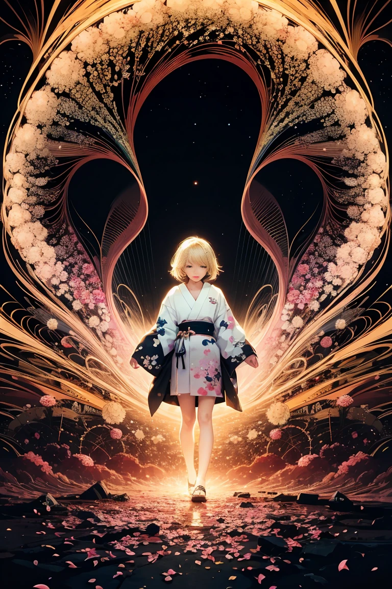 One girl,(blonde_hair:1.1),(zenTangle, Mandala, Tangle, enTangle:0.6),(Fractal Art),The most beautiful form of chaos,Brutalist Design, The most beautiful、A Harajuku-style hooded kimono with attention to detail, Cherry blossoms blowing in the wind, Charmed, beautiful, psychedelic, Atmospheric, universe ,Fuji Mountain