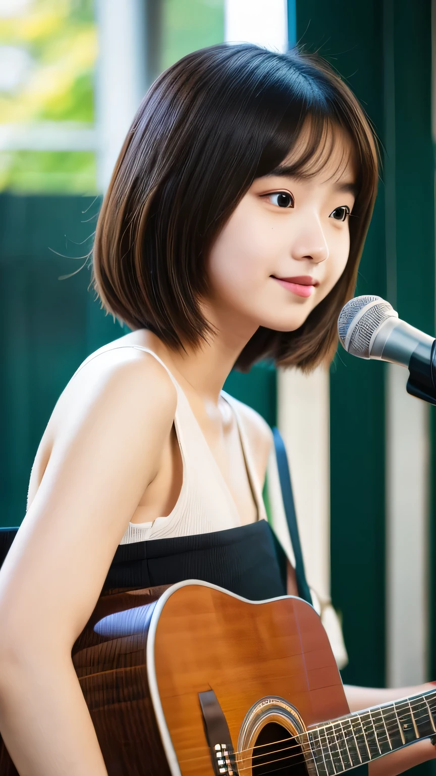 masterpiece High resolution Female student very cute natural atmosphere boyish 16 years old Bobcut Dimples Mole Raccoon face Tank top Playing Acoustic Guitar Are standing