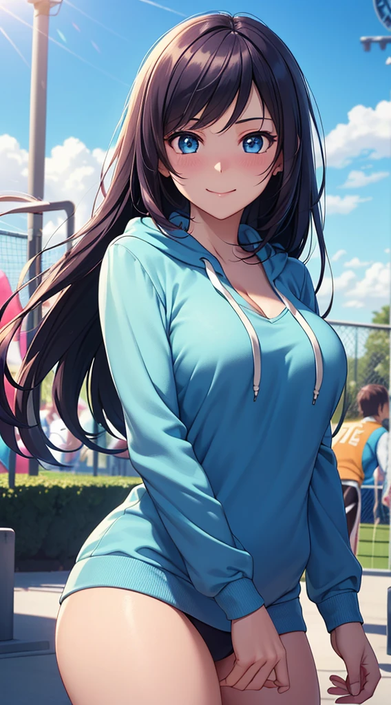 ((masterpiece, best quality, highres, UHD, perfect pixel, depth of field, 4k, RTX, HDR, extremely detailed)), 1girl, single, solo, 24 years old, beautiful anime girl, beautiful art style, anime character, smile, beautiful smile, ((long hair, parted bangs, colorful hair)), (colorful blue eyes:1.4, rounded eyes, beautiful eyelashes, realistic eyes, extremely detailed pupil), (detailed face, blushing:1.2), (smooth texture:0.75, realistic texture:0.65, photorealistic:1.2, cinematic, anime CG style), large breasts, cleavage, perfect body, busty, dynamic angle, ((white t-shirt, long sleeve, converse, sport hoodie, sport training)), amusement park, outdoor, crowd, wind blows, (graceful, prestigious, glorious, elegant)