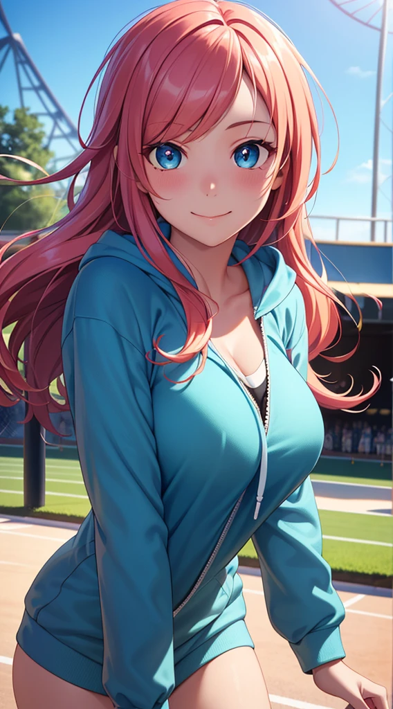((masterpiece, best quality, highres, UHD, perfect pixel, depth of field, 4k, RTX, HDR, extremely detailed)), 1girl, single, solo, 24 years old, beautiful anime girl, beautiful art style, anime character, smile, beautiful smile, ((long hair, parted bangs, colorful hair)), (colorful blue eyes:1.4, rounded eyes, beautiful eyelashes, realistic eyes, extremely detailed pupil), (detailed face, blushing:1.2), (smooth texture:0.75, realistic texture:0.65, photorealistic:1.2, cinematic, anime CG style), large breasts, cleavage, perfect body, busty, dynamic angle, ((white t-shirt, long sleeve, converse, sport hoodie, sport training)), amusement park, outdoor, crowd, wind blows, (graceful, prestigious, glorious, elegant)