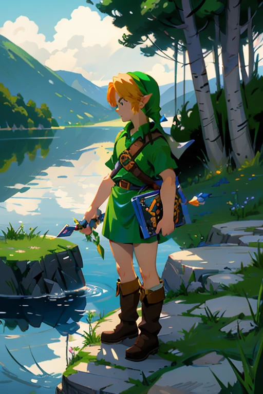 Impressionism,Rainerism,The Legend of Zelda, Hero Link with the Master Sword in hand、A scene looking out over the land of Hyrule。In the background is a vast grassland and Death Mountain in the distance.、There&#39;s a bright light in the sky。Link looks brave.、Confident。
