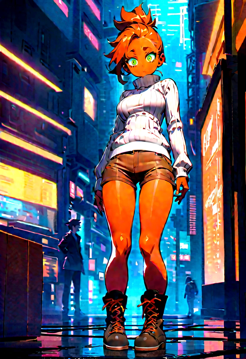 Woman with orange skin, Simple low-cut turtleneck sweater with orange horizontal stripes, formal long brown pants, dark metallic light orange hair, medium breasts, beautiful legs, large eyes, cyberpunk background, brown tennis shoes, short legs, extremely anxious, messy ponytail hair up, standing, Second plan, 1.55 tall, orange skin avatar style, white sweater with thick orange stripes, hunter boots, big green eyes, vertical stripes on sweater, abundant eyebrows, completely naked