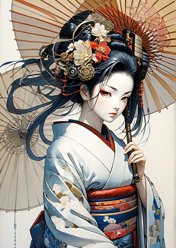 1 girl
mechanical arms
geisha
kimono
(art by Yoshitaka Amano )