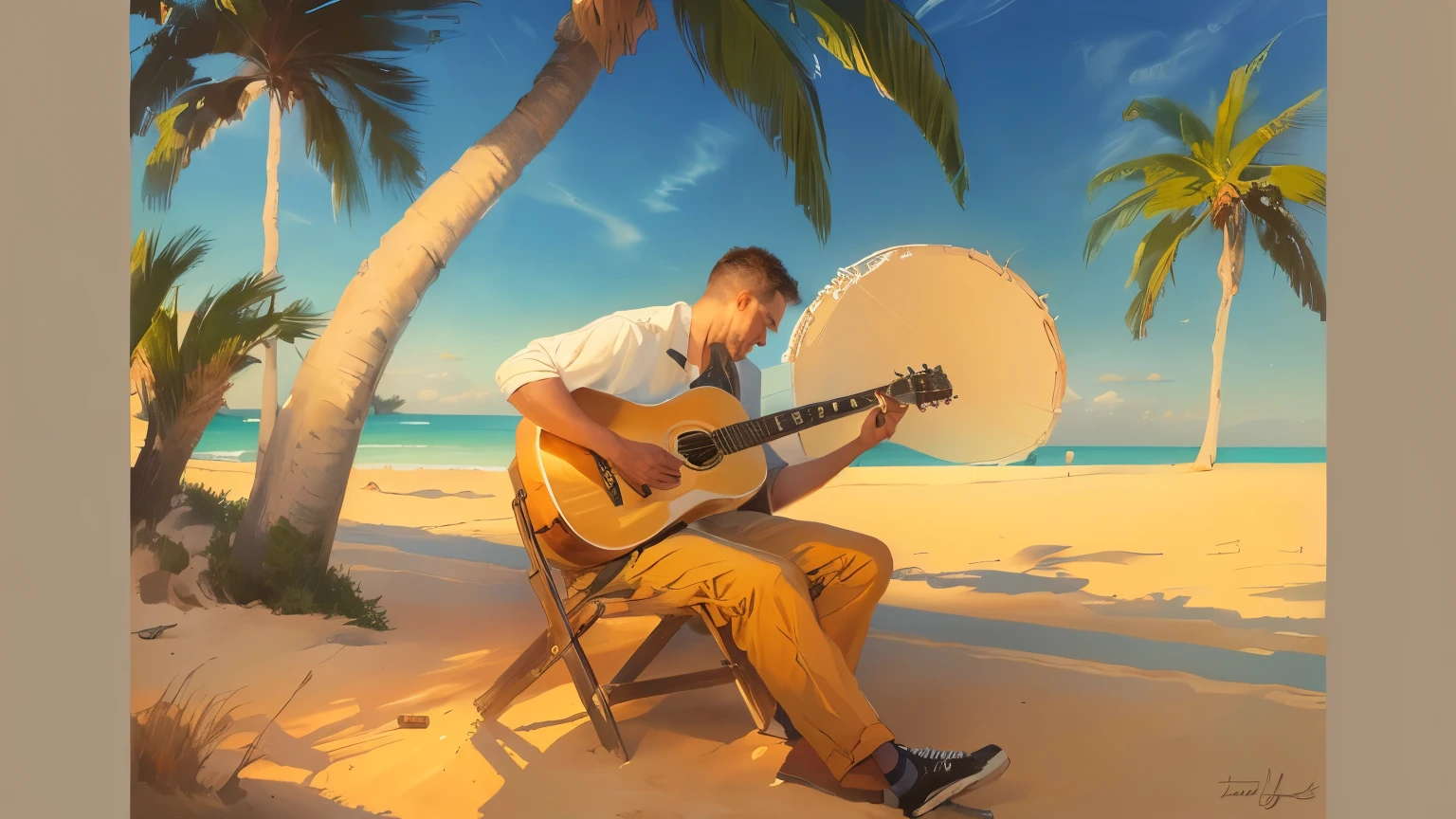 painting of a man play the guitar on a beach, man I'play the guitar, stylized digital illustration, guitarist, musician, play the guitar, guitarist, I'play the guitar, play the guitar, in style of steve henderson, Digital Illustration -, painterly illustration, Sunset illustration, Jam along to music, In the style of digital illustration, Guitar concept art, Endless Summer Art