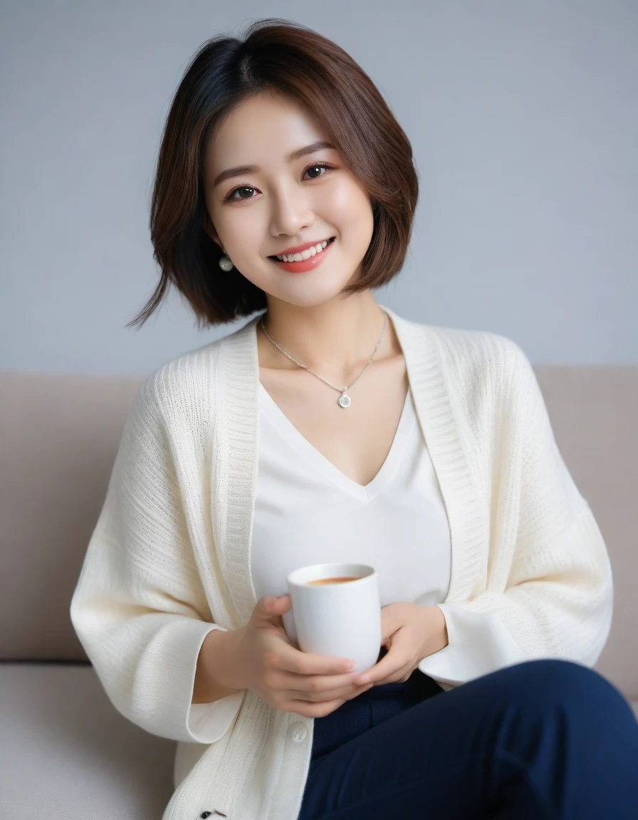 Close up of beautiful Korean woman, 32 inch chest size, Wearing a cardigan with a blouse, casual pants, short medium hair, Smile. necklace, sit on the sofa and drink coffee, porcelain coffee cup, , uhd