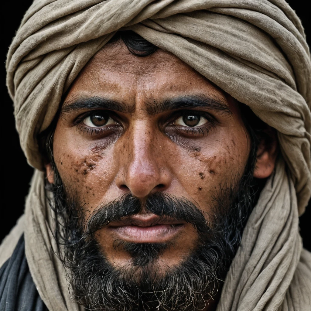 A recent photo of a turbaned Taliban militant, Eyes cold and dead, Delicate skin, Crazy details, Realistic clothing, Realistic shadows, Skin blemishes, dusty, Delicate eyes, 16K, Ultra HD, Digital SLR Camera, masterpiece, Crazy details, Award-winning photos