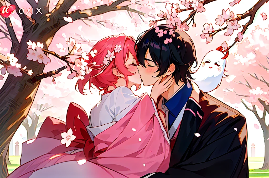 Cartoon couple in traditional costumes hugging under cherry blossom tree, Sasura, Cherry Blossom Season, Sakura Haruno, Nixon and Sakimchan, Kiss cutely, Goto Koharu, Anime Cover, Ghost Festival, Pixif, Cute couple, Official Fanart, Japan, Happy!!!, trending on Pixif