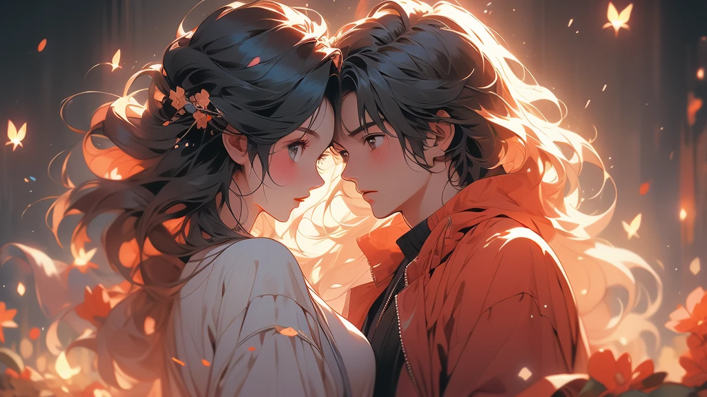 An anime couple with fireflies flying around and two people in love, vivid colors, soft focus, light leak, dreamlike atmosphere, experimental charm, Nostalgic charm BREAK color field painting, various colors, abstract expressionism, Bold colors, emotional impact, atmospheric depth, MINIMALIST APPROACH BREAK,  pretty girl, UHD (ultra detail) Looking at viewers wearing hip-hop style streetwear, different, colorful, long, heavily dyed hair 🌈, dark clothes, White stardust in dark areas, absurd, high resolution, very detailed,vivid colors, soft focus, light leak, dreamlike atmosphere,
