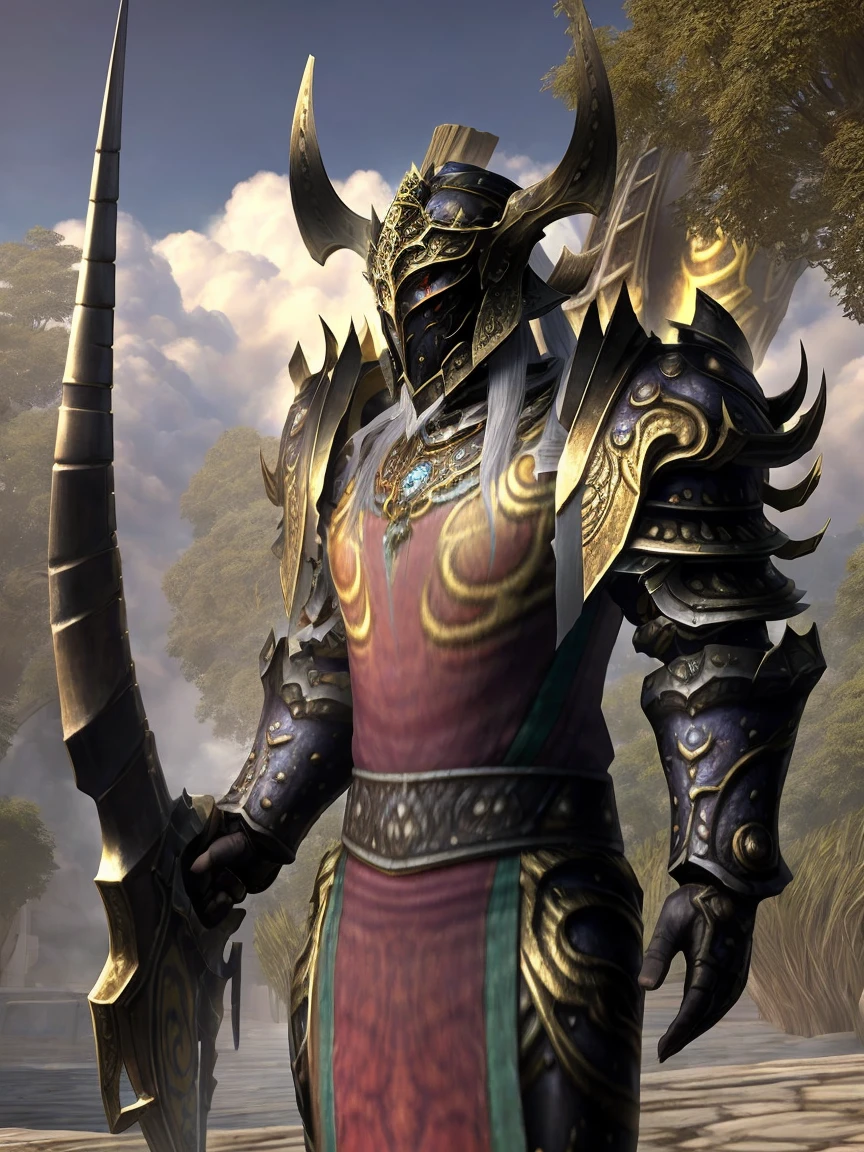 Draego, warrior, concept-art, author：Kishiganku, Fantasy art, battleground background, clean render, a horned, Wear a suit of armor, Detailed bushido form smoke, helmet of a forgotten deity, character is standing, 8k Realistic, in game render, detailed face background detail, Art station front page, taur, Pseudo-medieval fantasy, A deity wearing koi armor, detailed bronze armor, Bronze armor, golden etched armor, gold obsidian armor, Light gold armor, Gorgeous filigree armor, A demonic warrior, Gorgeous armor full of thorns, Intricate assasin armor, Intricate metal armor, powerful warrior, Dressed in gorgeous gold armor，Decorated with intricate patterns, The helmet has a large crown and two horns,Glowing red eyes， Everything is in the dark, The smoky background hints at battle scenes, Add an ominous aura to his character，submission, Full body shot.
